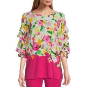 SLIM FACTOR BY Investments Pink Floral Ruffle 3/4 Sleeves Side Slits Top Blouse